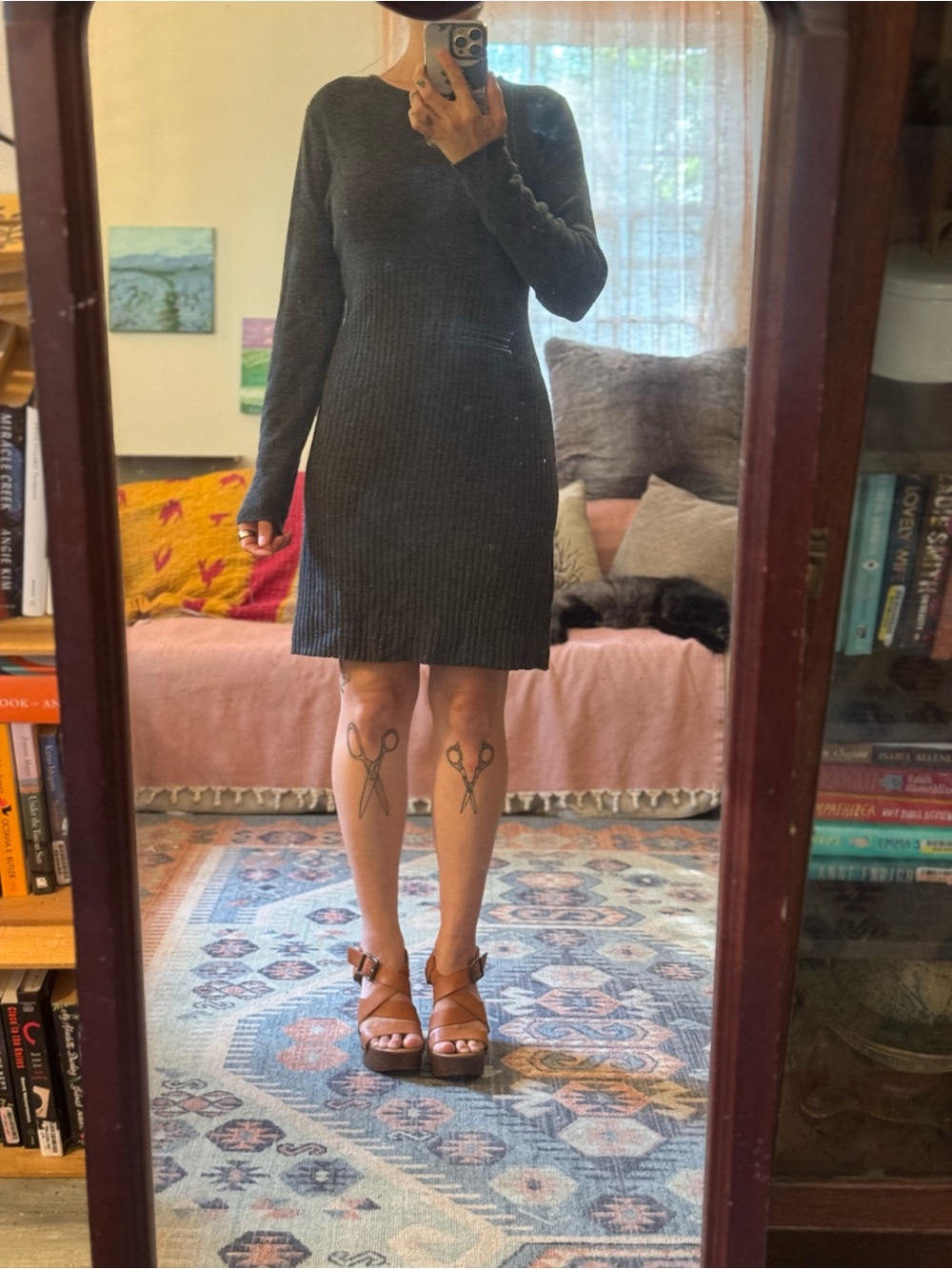 J. Jill Charcoal Gray Ribbed Long-Sleeve Knit Dress, size M/P